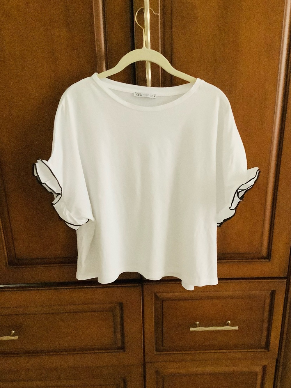 ZARA WHITE COTTON BOXY TEE SHIRT WITH BLACK AND WHITE RUFFLE SHORT SLEEVES SZ XL